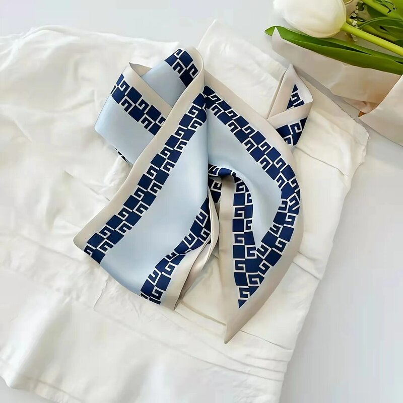 Cachecol de seda de tiras compridas para feminino, azul enevoado, faixa de cabelo de simulação, INS, primavera e verão