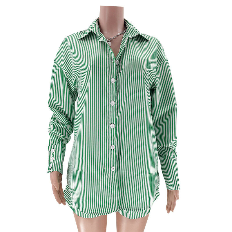Conjunto feminino de camisa e shorts listrados, conjunto casual feminino de duas peças, gola virada para baixo, tops de botões, mangas compridas, roupas de verão