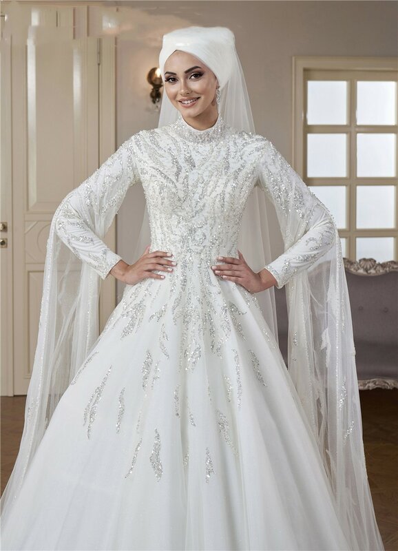 Элегантное Белое искусственное Свадебное бальное платье с длинным рукавом, вышитые блестками, скрытая молния, ТРАПЕЦИЕВИДНОЕ арабское свадебное платье