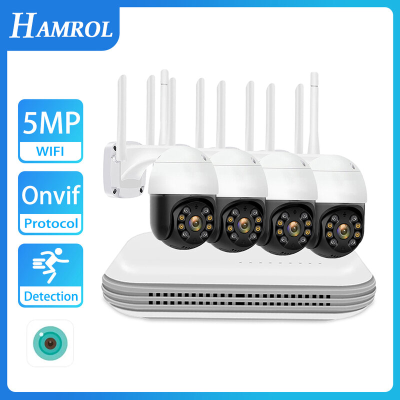HAMROL-cámaras IP PTZ de 5MP con WIFI, Kit de cámaras con Audio bidireccional, visión nocturna en Color, XMeye Home CCTV, 4 canales, sistema inalámbrico WIFI