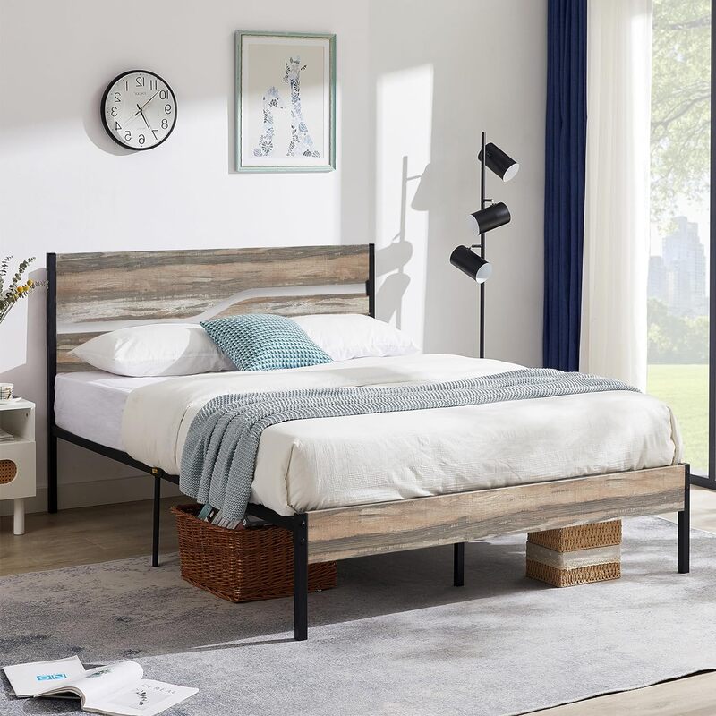 Pełnowymiarowa rama łóżka z platformą z drewnianym zagłówkiem, mocne metalowe listwy podtrzymujące podkład na materac, nie wymaga sprężyny pudełkowej