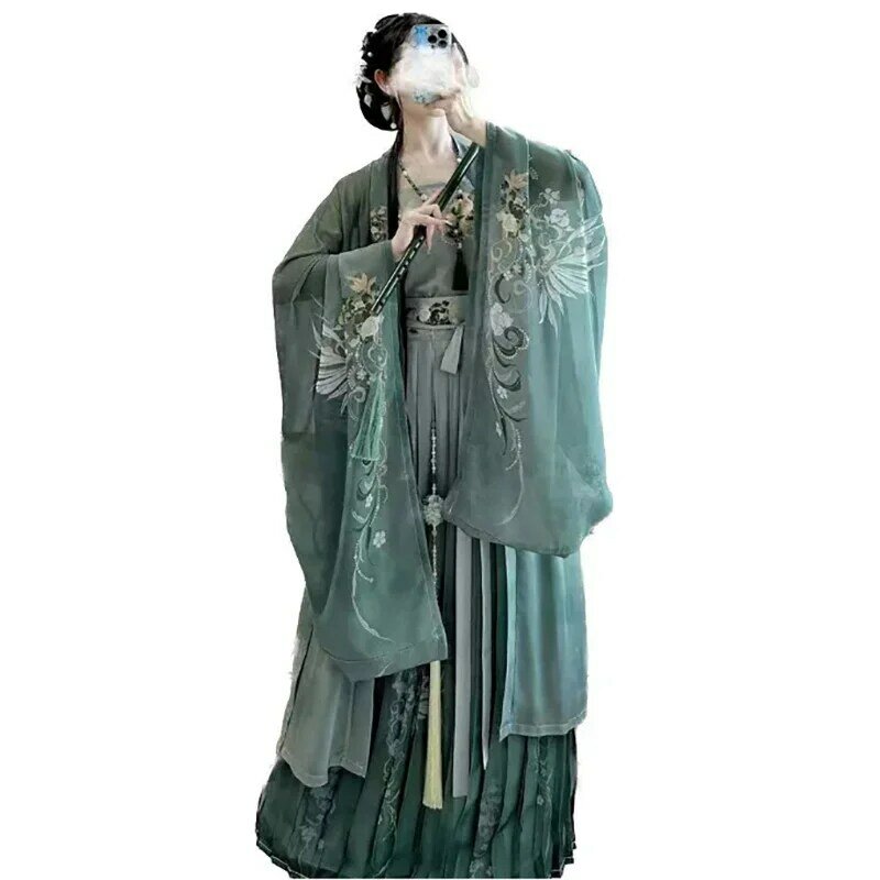 ชุด Hanfu ผู้หญิงจีนโบราณโบราณผู้หญิงชุดฮาโลวีนชุดคอสเพลย์ผู้หญิงพิมพ์ลาย Hanfu Green 3ชิ้นขนาดใหญ่พิเศษ