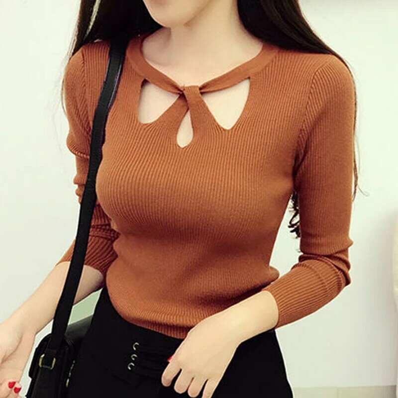 Nowa jesienna sweter zimowy seksowny sweter damska elegancka rozciągliwa pusta jednolity kolor wydłużony sweter Slim koszulka żeńska 16639