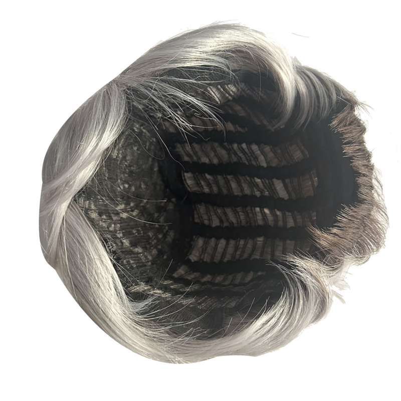 Peruka z wiatrem 4 Cal zakrywająca głowę szary i biały krótkie włosy w podeszłym wieku elegancka modna peruka zestaw