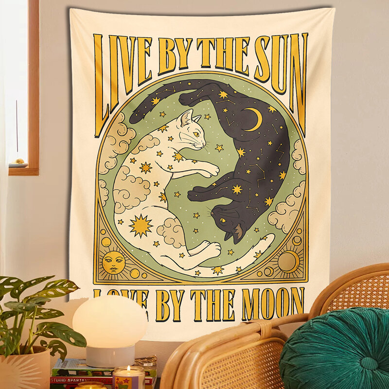 太陽と月の猫のタペストリー,壁に掛けるタロットレトロスタイル,黒と白の猫,調節可能な愛の星,リビングルーム,家の装飾,ギフト