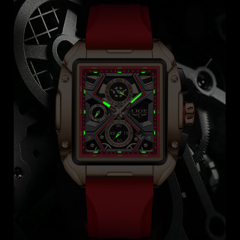 Lige-メンズクォーツ腕時計,大型時計,赤いゴムストラップ,30m防水,骨格,スポーツファッション,ラグジュアリー