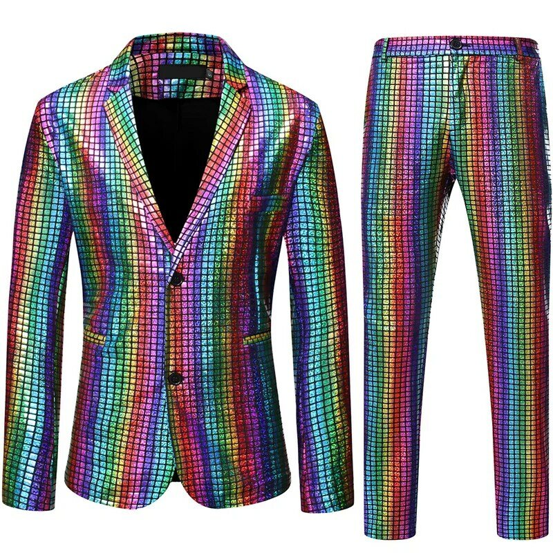 Jaqueta e calça de lantejoulas xadrez arco-íris brilhante masculina, traje de baile, palco, festival de dança, Natal, festa de Halloween