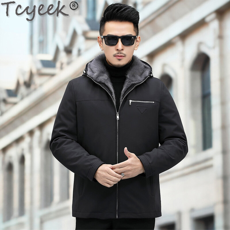 Tcyeek-casaco natural de pele de vison para homens, parka com capuz fino, jaquetas de pele real, forro destacável, moda, inverno