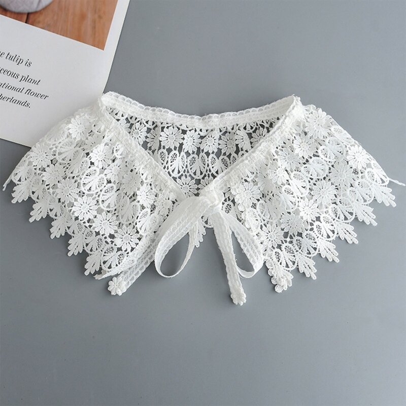 Women Pastoral White Faux Collar Shawl Embroidery Floral Lace Tassels Scarf Cape