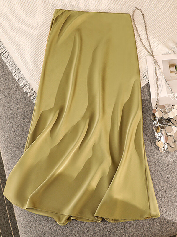 Falda larga de seda satinada para mujer, prenda elegante de cintura alta, color liso, a la moda, para oficina, novedad de 2024
