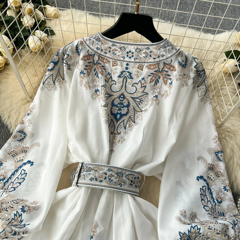 Estampa vintage feminino elegante manga folhada mini vestido, linha A Vneck, vestidos casuais, moda coreana, verão, primavera
