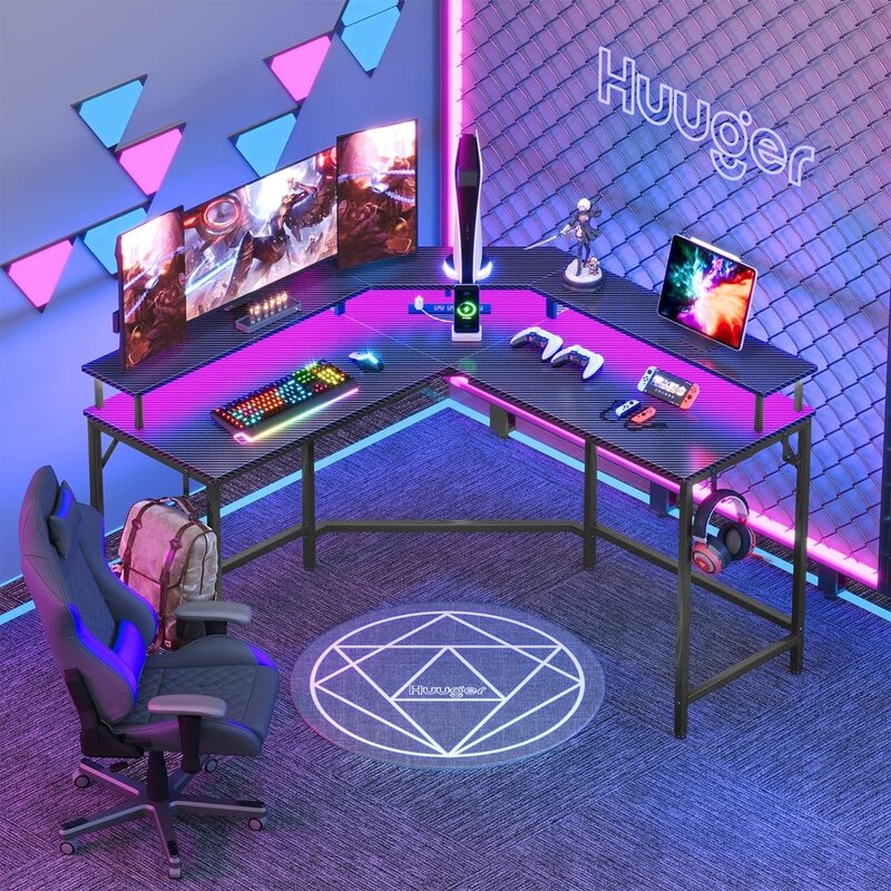 Escritorio de ordenador para el hogar, mesa de juegos para ordenador portátil, cama en forma de L, con tomas de corriente y luces LED, color negro