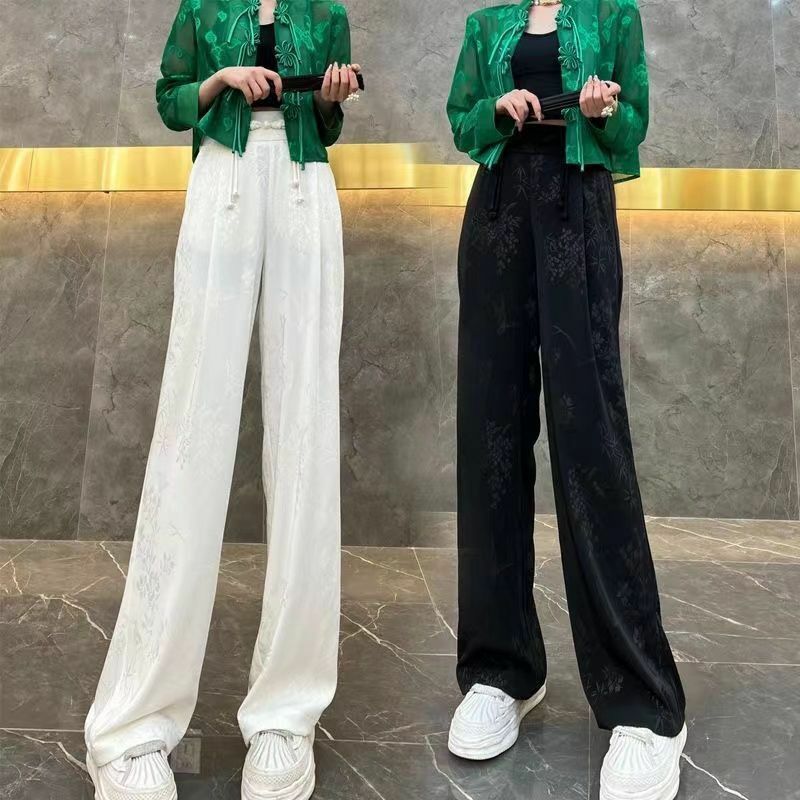 Pantaloni a gamba dritta Jacquard da donna 2024 estate nuovo stile cinese con fibbia a vita alta in raso drappeggiato pantaloni Casual a gamba larga
