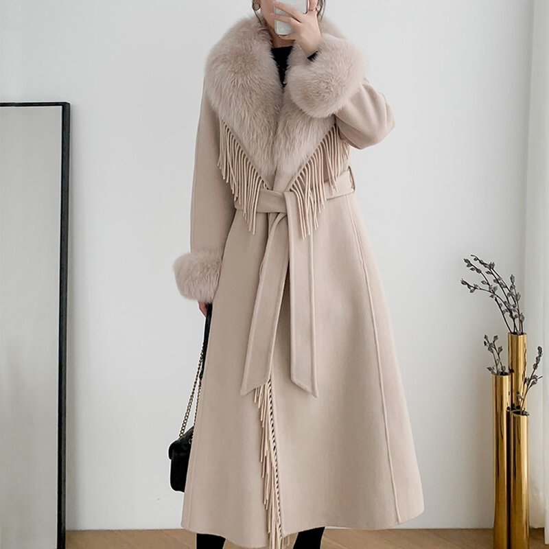 Женское длинное кашемировое пальто, тренчкот из натурального меха с бахромой и поясом, уличная одежда с капюшоном и воротником из лисьего меха для зимы