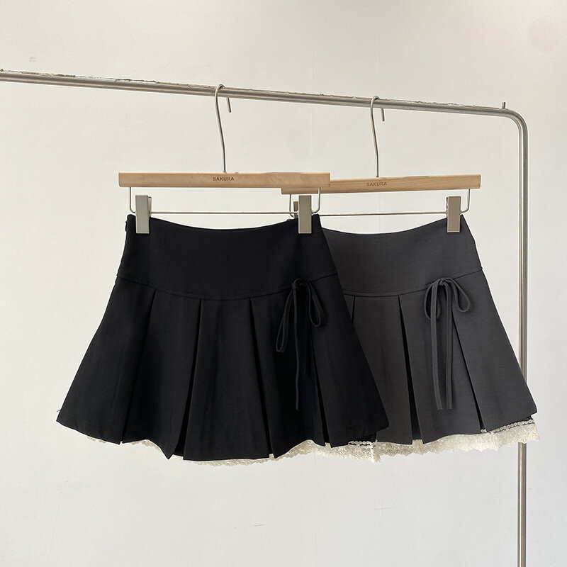 Винтажная мини-юбка женская кружевная, уличная одежда в стиле пэчворк на шнуровке с украшениями, летняя плиссированная юбка-трапеция с защитой от перенапряжения