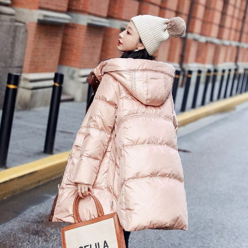2023 Winter New Down Coat Women's Mid Length Bright Face Korean Streetwear Fashion Loose Small Parker Thick Hooded Down Jacket