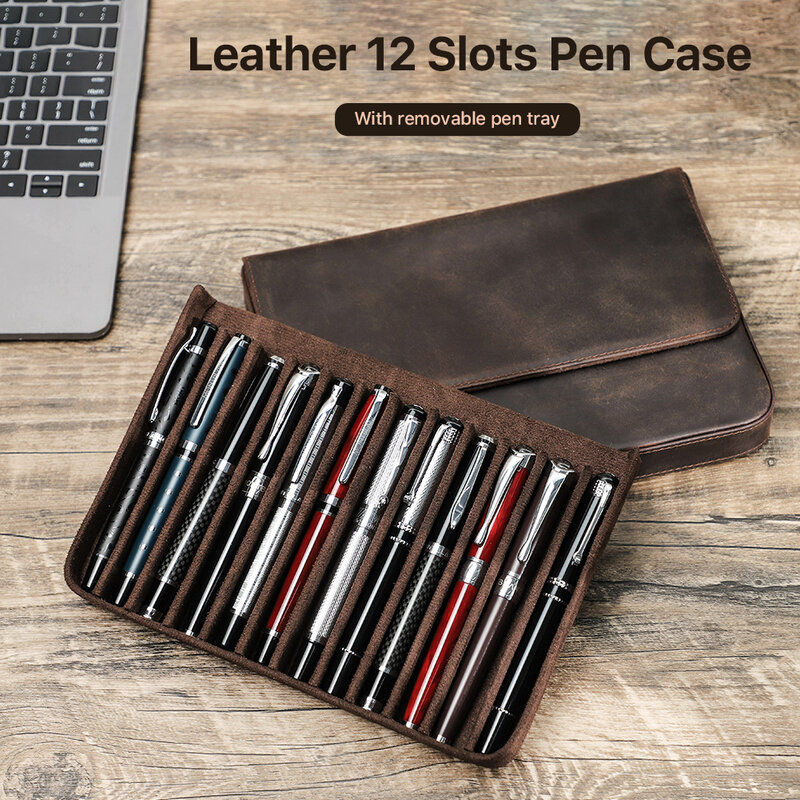 Luxo crazy horse couro 12 slots caneta caso com removível caneta bandeja escritório adulto escola estudante papelaria caneta caixa artesanal
