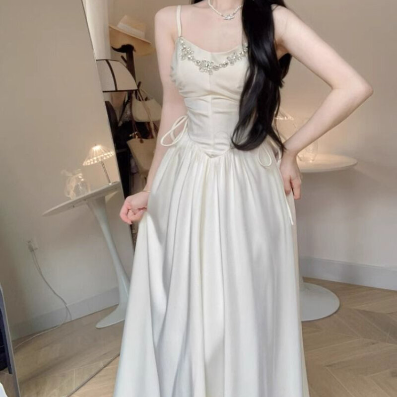 HOUZHOU Elegant Evening Party Dresses for Women White Long Sleeveless Bodycone Dress Korean Midi Vintage Sweet Dress Chic