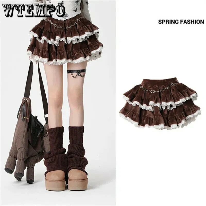 Brown Corduroy Skirt Sweet Cute Women's Cake Skirt Ruffle Edge Stitching Hotsweet Pure Desire Fashion Y2K American Spicy Girl