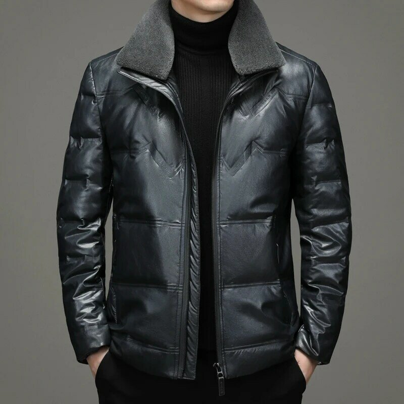 Haining Leather down Jacket Men's Short Lapels Detachable Fur Collar Thickened Warm High Quality Leather Jacket Coat Men