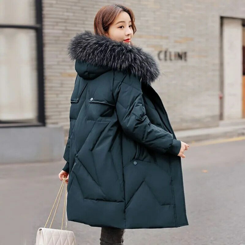 2023 New Women Down Jacket Winter Coat Female Mid Length Version Parkas Thick Large Size Outwear Hooded Fur Collar Overcoat