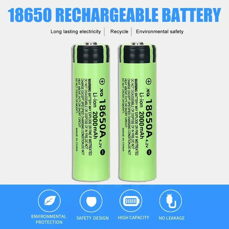 Baterias Recarregáveis, Bateria 18650, Descarga 3C, Célula HD 18650, Bateria De Lítio Com Uma Lanterna LED T6, 4.2V, 2000mAh