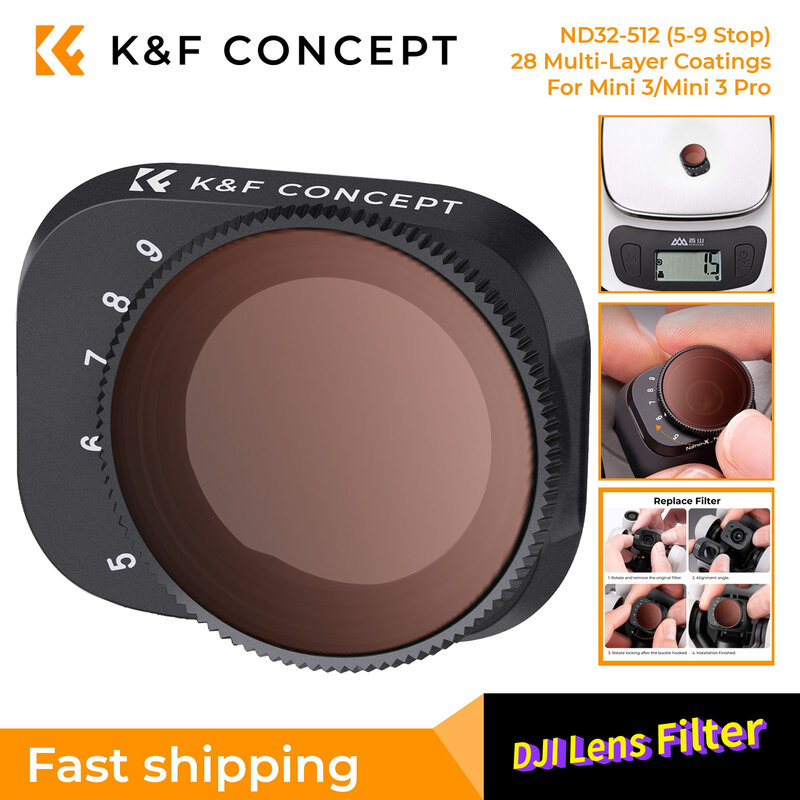 K & F Concept Filtre à ND32-ND512 variable pour DJI Drone Mini 3 Pro avec film vert anti-reflet avec 28 couches de revêtement de caractéristique