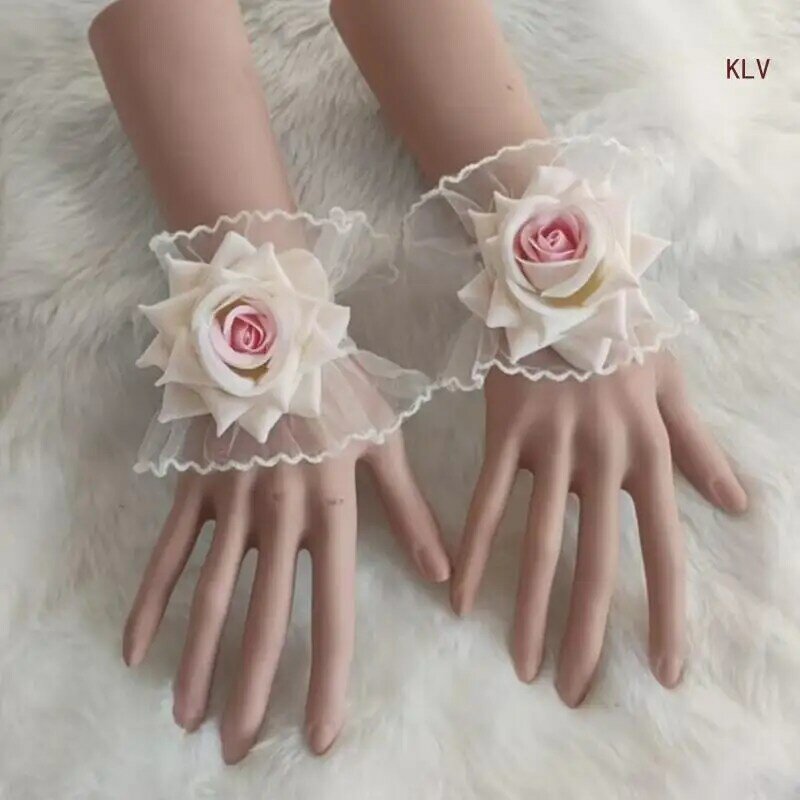 Y2K bracciale elasticizzato con polsino in pizzo rosa floreale maniche finte polsini da polso guanti da polso in pizzo floreale trasparente Vintage