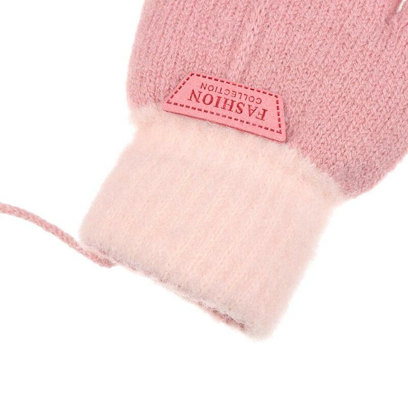Hanging Neck Boys Girls Dual-use Warm Winter Knitting Mittens Kids Gloves Thick Velvet Full Finger