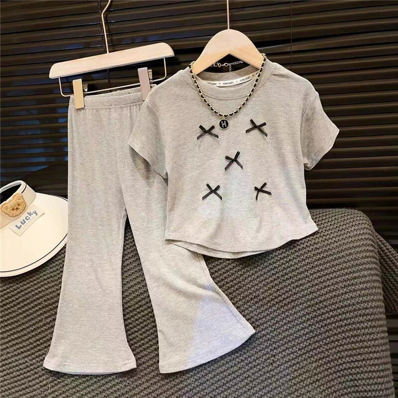 Conjunto de camiseta de manga corta y pantalones para niña, traje de 2 piezas con lazo y cordón, ropa deportiva informal a la moda para verano