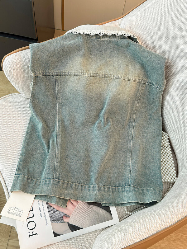 Retro Lace Patchwork Denim Vest For Women 2024 Summer Sew Single Breasted Lapel Tops Korean Casual Versatile Sleeveless Jacket