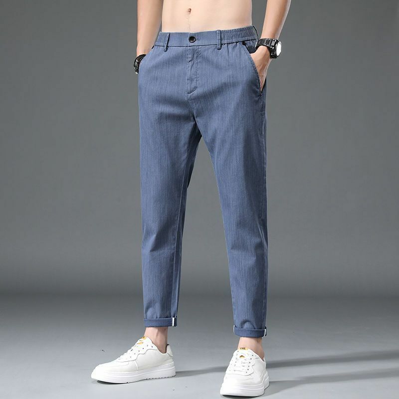 Summer New Fashion Casual Ice Silk Simple Versatile Straight Pants Men Solid Button Zipper Pockets Slim Loose Casual Trouser