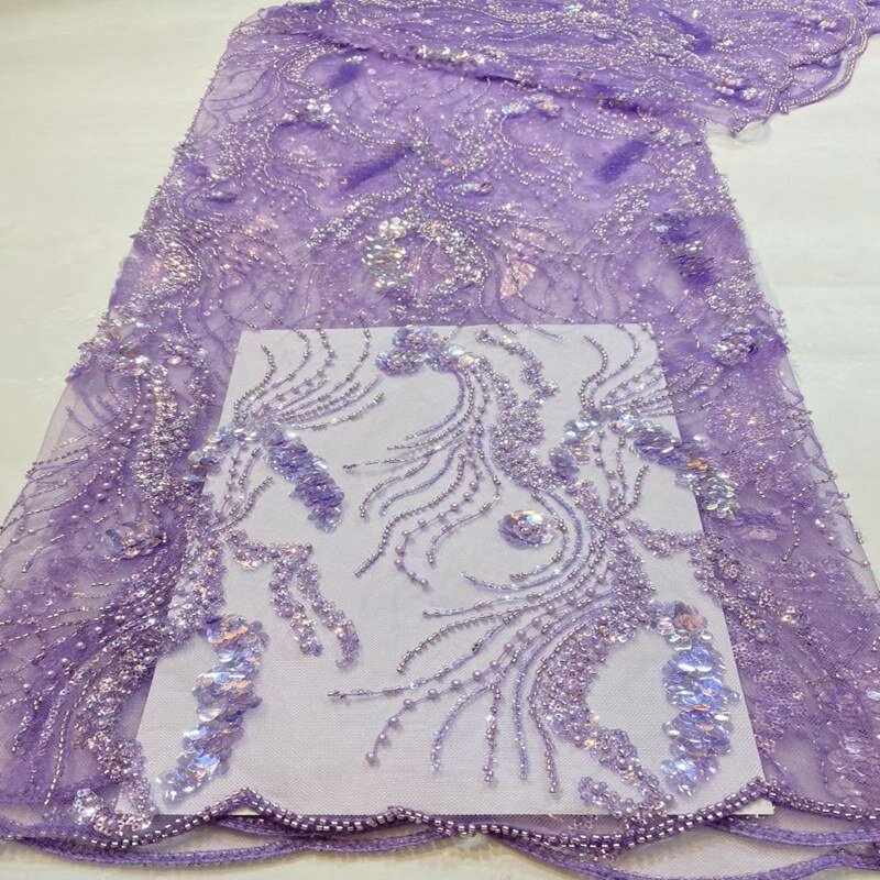 Африканская бархатная кружевная ткань с камнями и бусинами фиолетового цвета, новинка, роскошная Высококачественная свадебная нигерийская Тюлевая кружевная ткань TS1519