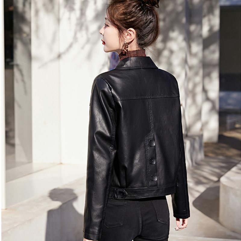 여성용 짧은 인조 가죽 재킷, 싱글 브레스트 블랙 모토 바이커 방풍 가죽 코트, 턴다운 칼라 아우터, Q324, 2024 용수철