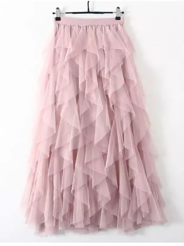 TIGENA 여성용 투투 얇은 명주 그물 롱 맥시 스커트, 한국 패션 2023, 귀여운 핑크, 하이 웨이스트, 플리츠 스커트, 메쉬