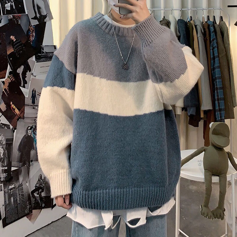Mode O-Ausschnitt gespleißt lose All-Match-Farbe Pullover Herren bekleidung 2023 Herbst Winter neue lässige Pullover koreanische Tops