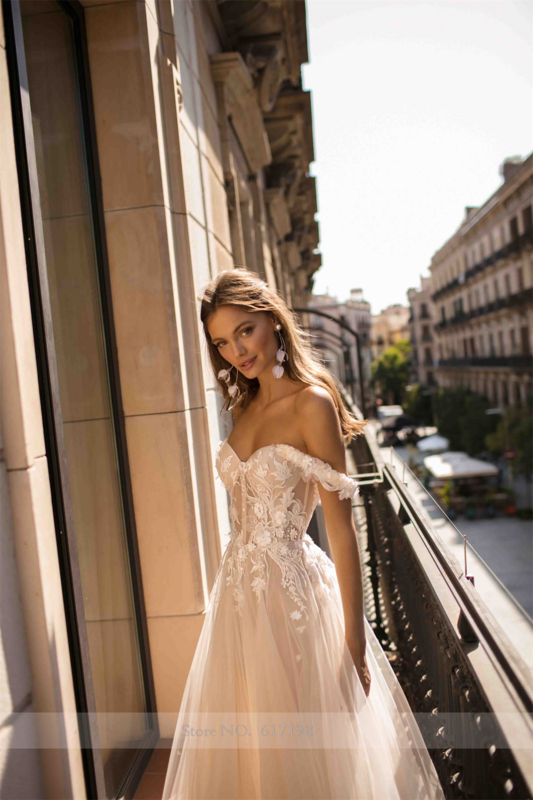 Vestido de novia plisado de encaje con apliques sin hombros, tul, corte de ilusión, vestidos de novia