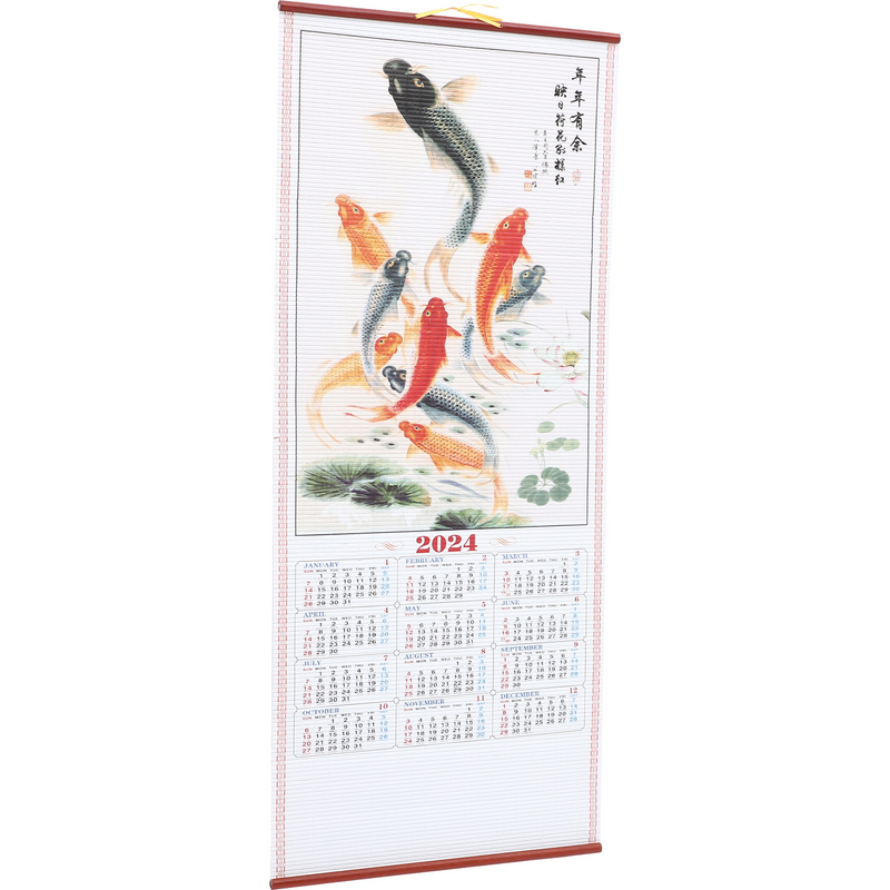 Calendário de parede chinês para escritório, decoração suspensa, imitação de papel rattan, ano do dragão, senhorita, 2024