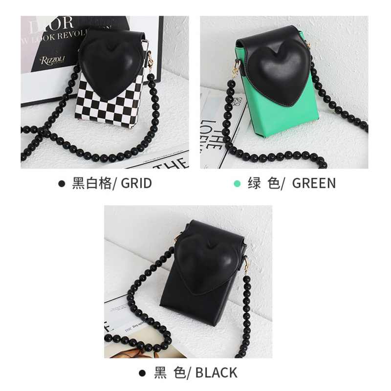 Korean version spade heart niche phone crossbody bag, simple and versatile beaded phone bag, small square phone shoulder bag