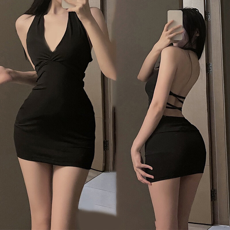 Mini vestido feminino sem encosto com decote em v, preto, sexy halter, magro, Party Night