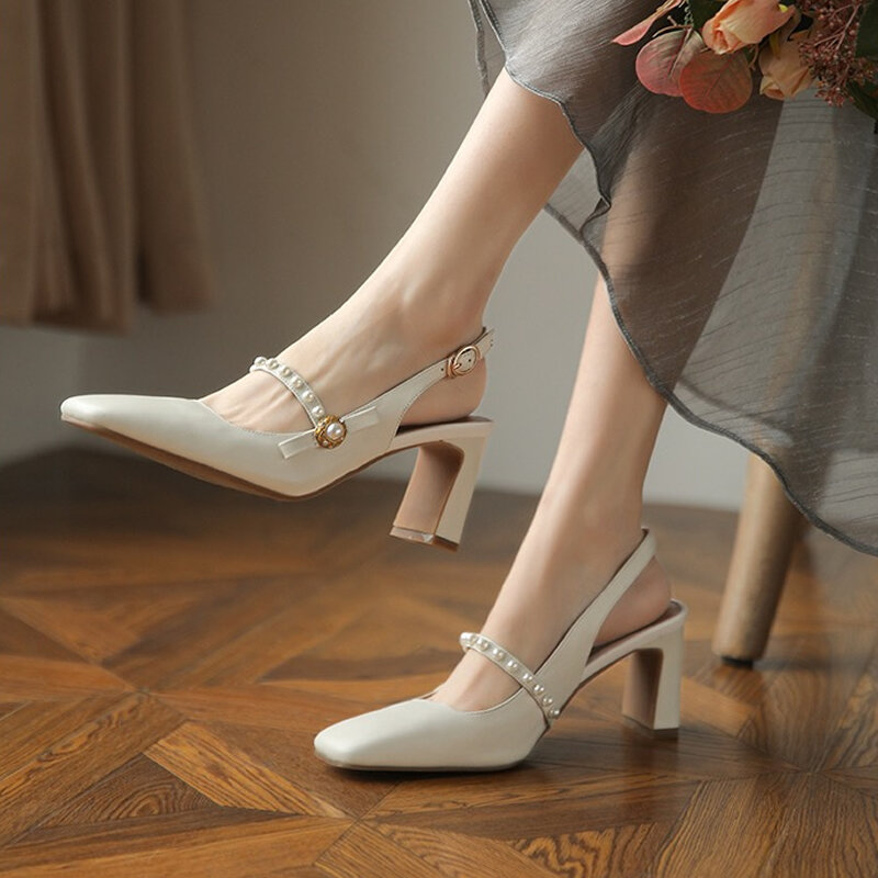 Zapatos de boda de tacón alto para Mujer, Sandalias con perlas, tira trasera, punta cuadrada, zapatos de vestir Mary Janes