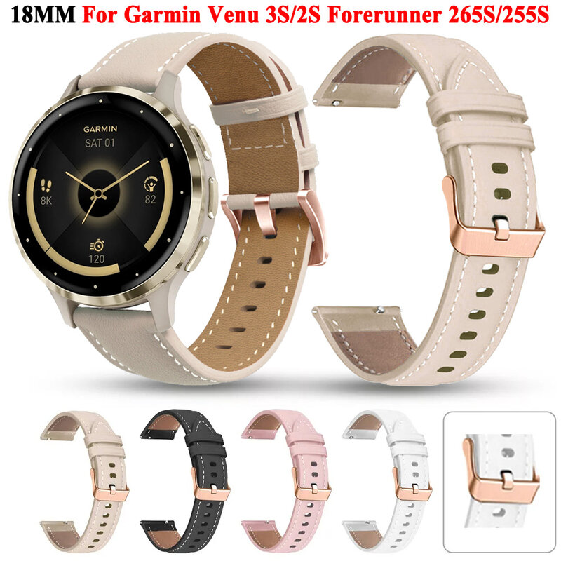 18mm Leather Watchband For Garmin Venu 3S 2S/Forerunner 265S 255S/Vivoactive 4S Strap Girl Women Smartwatch Wristband Bracelet