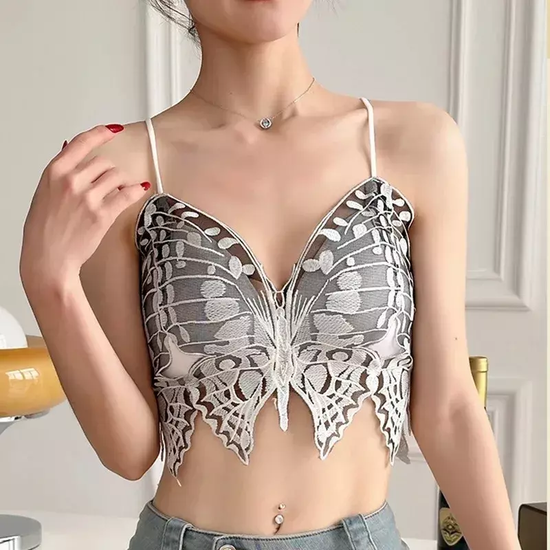Embroidered Sexy Lace Bra V-neck Cup Crop Top Street Wear Butterfly Hollow Back Underwear Tube Vest Women's Backless Bra