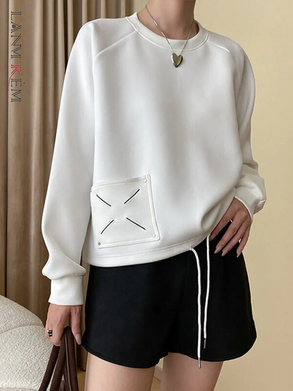 Пуловер LANMREM с вышивкой женский, однотонный свитшот с круглым вырезом и длинным рукавом, повседневный Свободный Топ, весна 2024, 26D6445