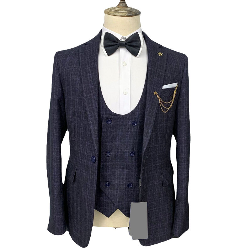 남성용 격자 무늬 가을 웨딩 수트, 노치 라펠 턱시도, 슬림핏 신랑 착용, 비즈니스 사무실 패션, 3 피스 재킷 바지 및 조끼