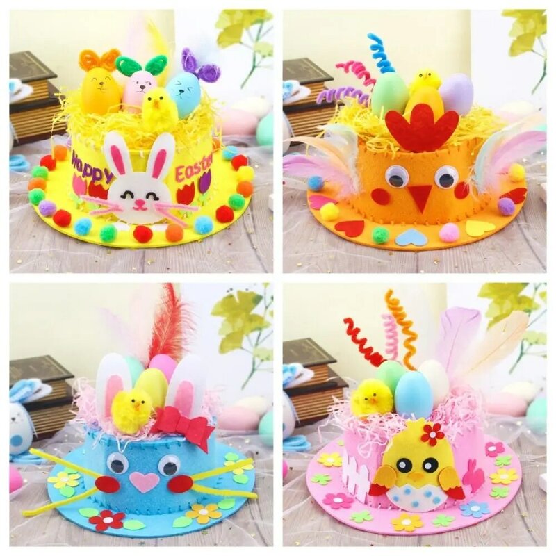 Sombrero de Pascua hecho a mano de cáscara de huevo pintada para niños, tela no tejida decorada, bricolaje, juguete, regalos, conejo de Pascua