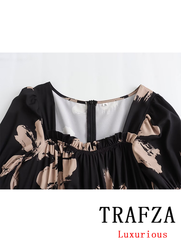 TRAFZA-Vestido chique vintage casual feminino, decote em V, manga folhada curta, estampa de flores, primavera, verão, nova moda, 2024