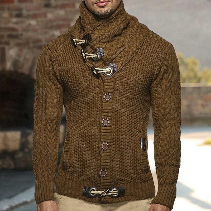 Men Sweater  Horn Buttons   Knitted Sweater Pure Color Slim Fit Cardigan Sweater