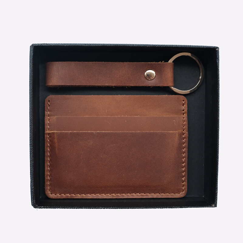 Genuine Leather Card Holder and Keychain Gift Box Set Crazy Horse Leather Card Wallet Case