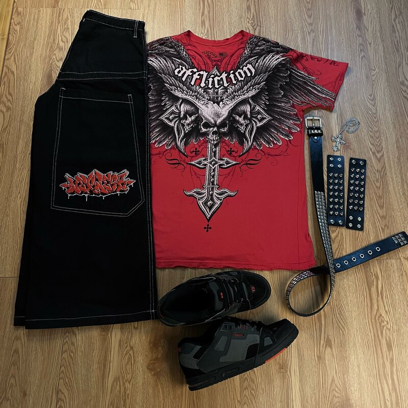 Jnco-黒のメンズスケートボードパンツとTシャツ,刺繍入りジーンズ,ストリートウェア